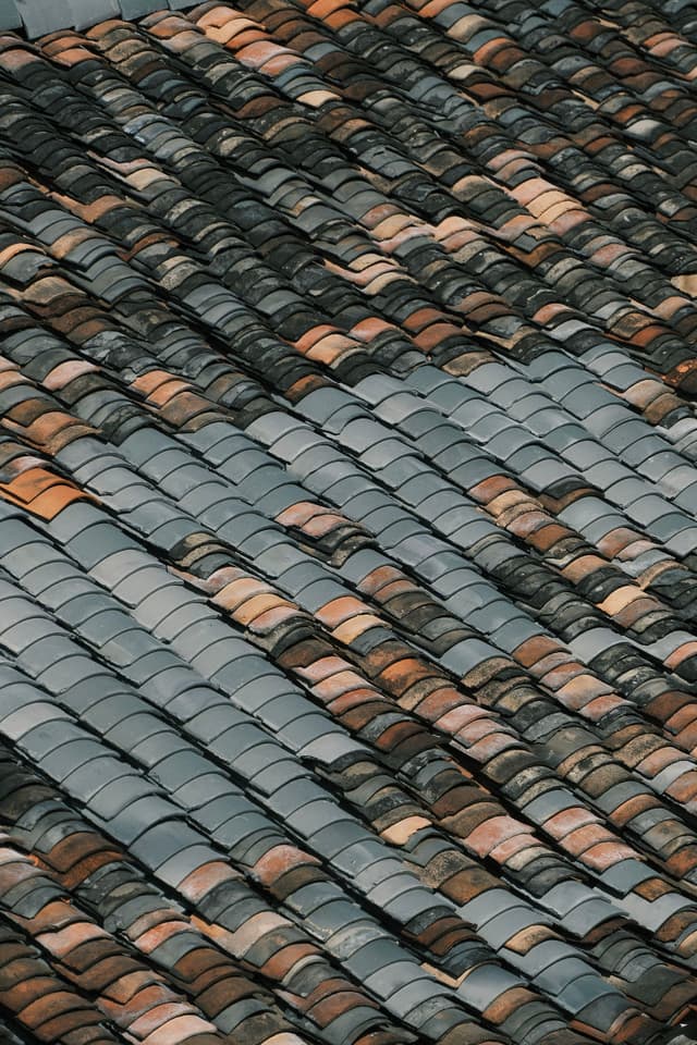 A close-up view of a tiled roof, featuring overlapping tiles in various shades of gray and brown, creating a textured pattern